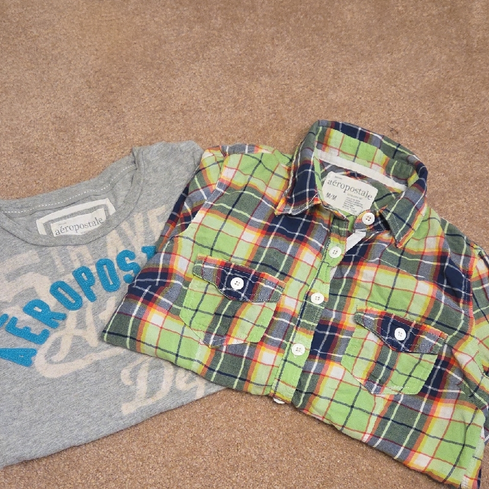 Deal 2 Y2K Aeropostale Green and Blue Plaid Long Sleeve Shirt And Tee